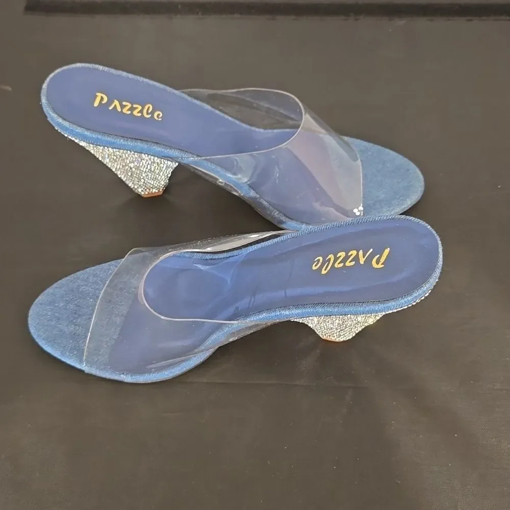 BRAND NEW PAZZLE RHINESTONE HEEL EMBROIDERED CLEAR  OPEN-TOE STRAP SANDAL